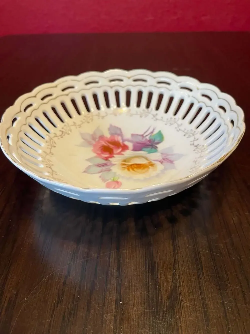 Vintage Hand-Painted Floral Reticulated Porcelain Bowl, Made in Japan